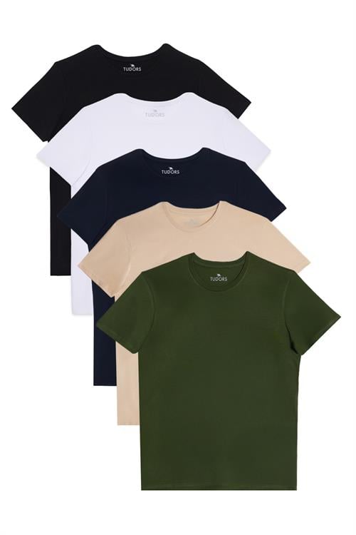 Unisex 5li Pkt Siyah-Beyaz-Lacivert-Vanilya-Haki Slim Fit Dar Kesim %100 Pamuk Bisiklet Yaka Tişört