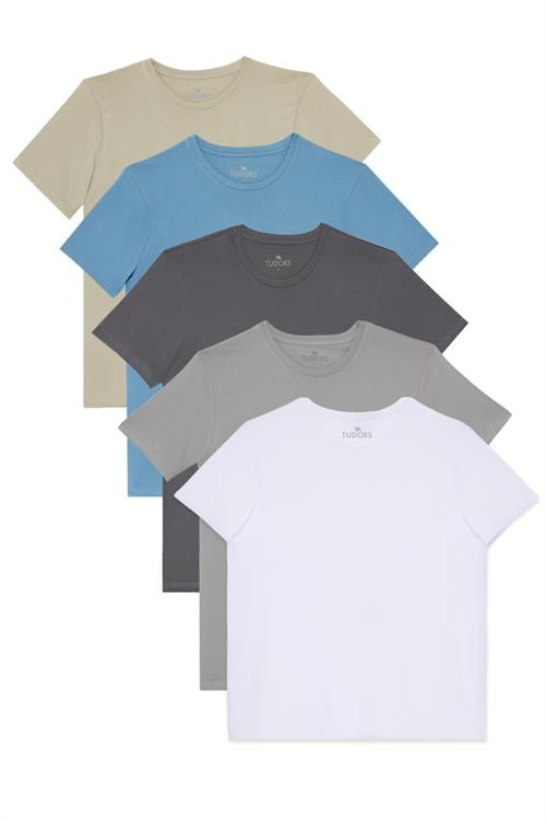 Unisex 5li Paket Beyaz-Gri-Füme-Mavi-Taş Slim Fit Dar Kesim %100 Pamuk Bisiklet Yaka Tişört