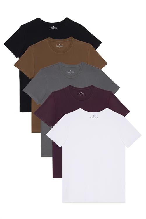 Unisex 5li Paket Beyaz-Mor-Gri-Kahverengi-Siyah Slim Fit Dar Kesim %100 Pamuk Bisiklet Yaka Tişört