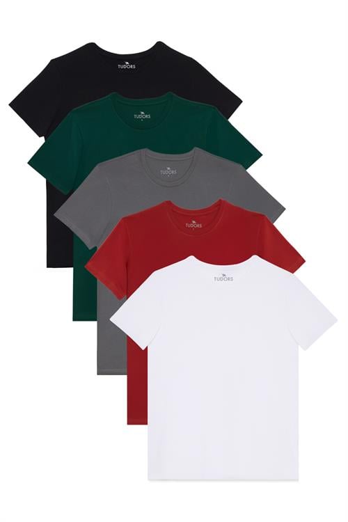 Unisex 5li Paket Beyaz-Kırmızı-Gri-Yeşil-Siyah Slim Fit Dar Kesim %100 Pamuk Bisiklet Yaka Tişört