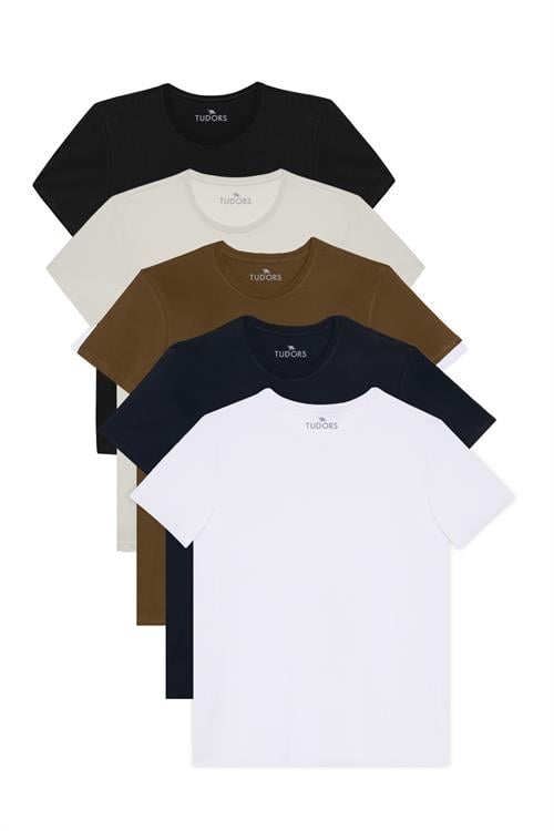 Unisex 5li Paket Siyah-Beyaz-Taş-Lacivert-Haki Slim Fit Dar Kesim %100 Pamuk Bisiklet Yaka Tişört
