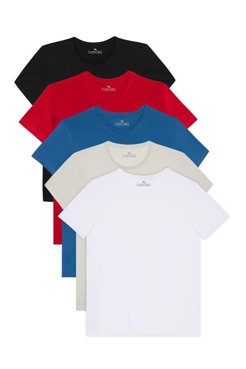 Unisex 5li Paket Siyah-Beyaz-Taş-Kırmızı-Mavi Slim Fit Dar Kesim %100 Pamuk Bisiklet Yaka Tişört