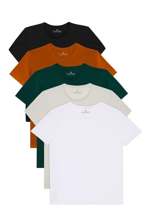 Unisex 5li Paket Siyah-Beyaz-Taş-Tarçın-Z.Yeşil Slim Fit Dar Kesim %100 Pamuk Bisiklet Yaka Tişört​​​​​​​