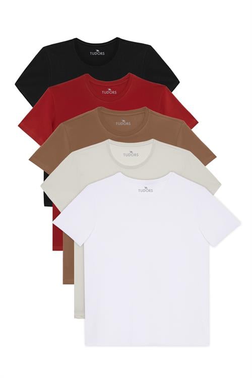 Unisex 5li Pkt Siyah-Beyaz-Taş-Kahvereng-Kiremit Slim Fit Dar Kesim %100 Pamuk Bisiklet Yaka Tişört