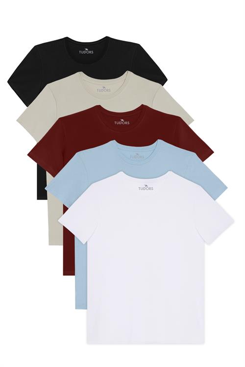 Unisex 5li Pkt Siyah-Beyaz-Bordo-Çağla-Açık Mavi Slim Fit Dar Kesim %100 Pamuk Bisiklet Yaka Tişört