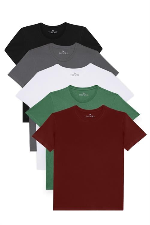 Unisex 5li Paket Siyah-Beyaz-Bordo-Z.Yeşili-Gri Slim Fit Dar Kesim %100 Pamuk Bisiklet Yaka Tişört