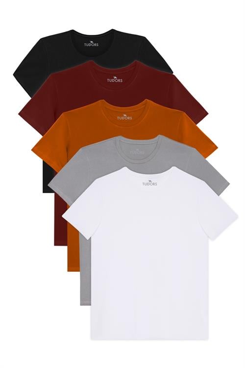 Unisex 5li Paket Siyah-Beyaz-Bordo-Tarçın-Gri Slim Fit Dar Kesim %100 Pamuk Bisiklet Yaka Tişört