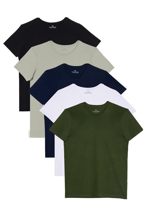 Unisex 5li Paket Siyah-Gri-Lacivert-Beyaz-Yeşil Slim Fit Dar Kesim %100 Pamuk Bisiklet Yaka Tişört