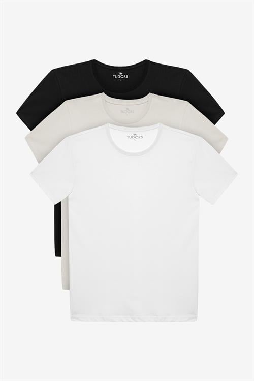 Unisex 3lü Paket Siyah-Beyaz-Taş Rengi Slim Fit Dar Kesim %100 Pamuk Bisiklet Yaka Tişört