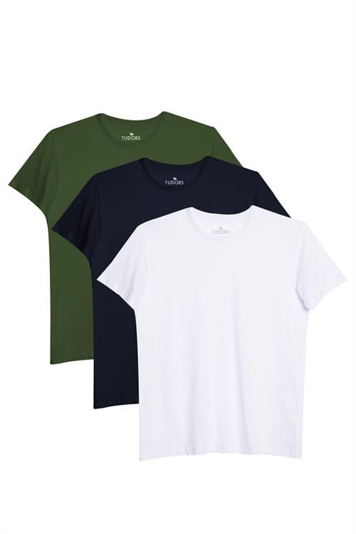 Unisex 3lü Paket Lacivert-Beyaz-Haki Rengi Slim Fit Dar Kesim %100 Pamuk Bisiklet Yaka Tişört