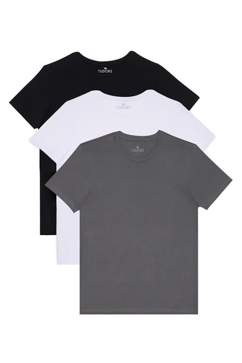 Unisex 3lü Paket Siyah-Beyaz-K. Gri Slim Fit Dar Kesim %100 Pamuk Bisiklet Yaka Tişört