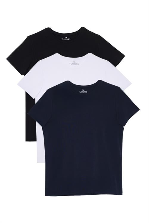 Unisex 3lü Paket Siyah-Beyaz-Lacivert Slim Fit Dar Kesim %100 Pamuk Bisiklet Yaka Tişört