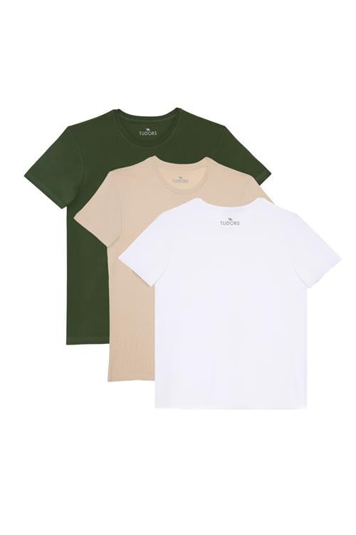 Unisex 3lü Paket Haki-Beyaz-Vanilya Slim Fit Dar Kesim %100 Pamuk Bisiklet Yaka Tişört