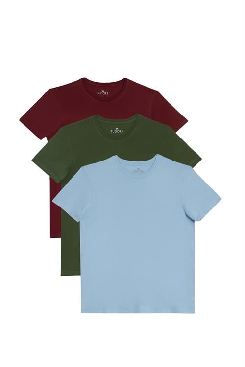 Unisex 3lü Paket Yeşil-Bordo-Mavi Slim Fit Dar Kesim %100 Pamuk Bisiklet Yaka Tişört