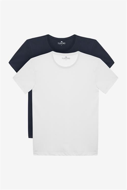 Unisex 2li Paket Beyaz-Lacivert Slim Fit Dar Kesim %100 Pamuk Bisiklet Yaka Tişört