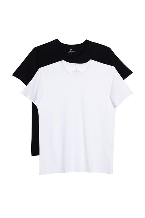 Unisex 2li Paket Siyah-Beyaz Slim Fit Dar Kesim %100 Pamuk Bisiklet Yaka Tişört