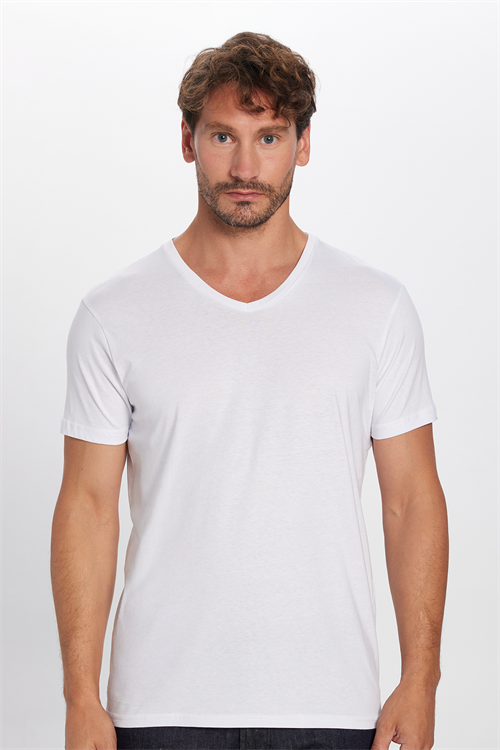 Erkek Slim Fit Dar Kesim %100 Pamuk Yumuşak Dokulu Beyaz V Yaka Tişört