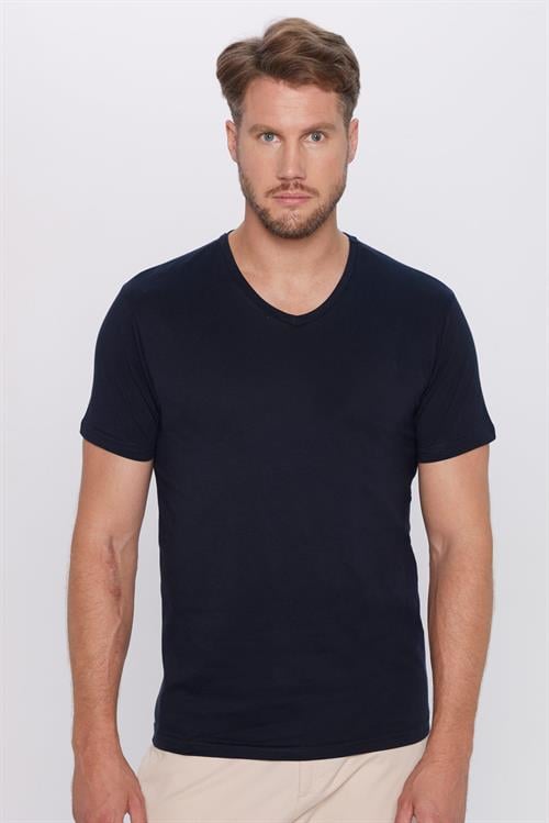 Erkek Slim Fit Dar Kesim %100 Pamuk Yumuşak Dokulu Lacivert V Yaka Tişört