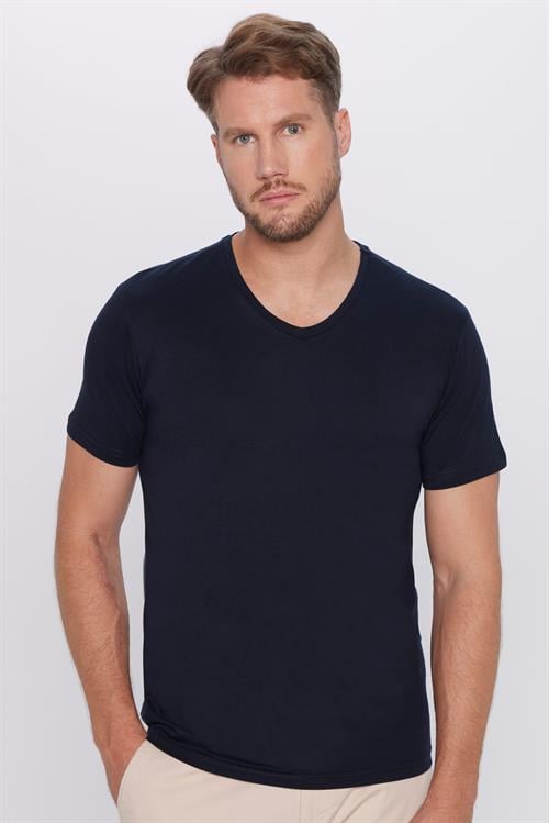 Erkek Slim Fit Dar Kesim %100 Pamuk Yumuşak Dokulu Lacivert V Yaka Tişört