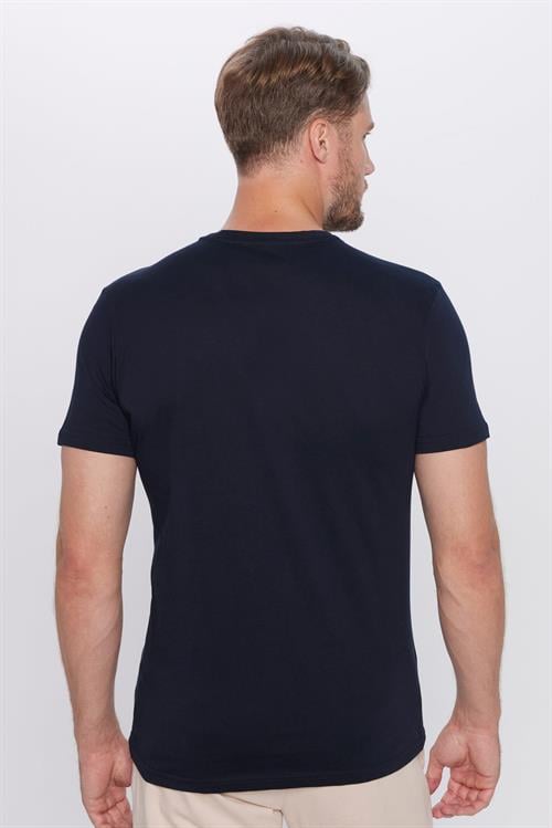 Erkek Slim Fit Dar Kesim %100 Pamuk Yumuşak Dokulu Lacivert V Yaka Tişört