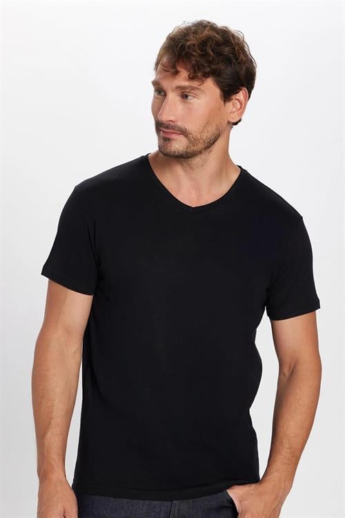 Unisex 2li Paket Siyah-Beyaz Slim Fit Dar Kesim %100 Pamuk V Yaka Tişört