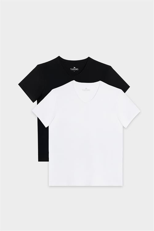 Unisex 2li Paket Siyah-Beyaz Slim Fit Dar Kesim %100 Pamuk V Yaka Tişört
