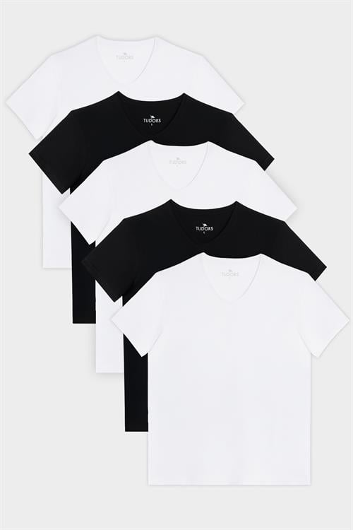 Unisex 5li Paket Siyah-Beyaz Slim Fit Dar Kesim %100 Pamuk V Yaka Tişört