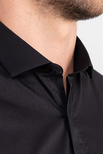 Süper Slim Fit Uzun Kollu Pamuklu Likralı Erkek Siyah Gömlek