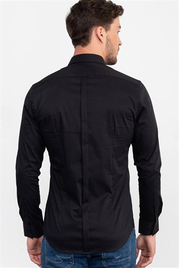 Süper Slim Fit Uzun Kollu Pamuklu Likralı Erkek Siyah Gömlek