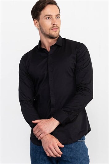 Süper Slim Fit Uzun Kollu Pamuklu Likralı Erkek Siyah Gömlek