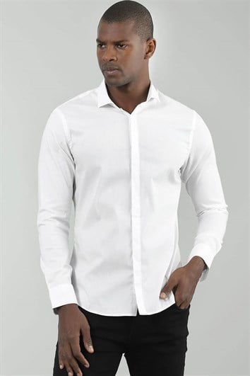 Süper Slim Fit Uzun Kollu Pamuklu Likralı Erkek Beyaz Gömlek