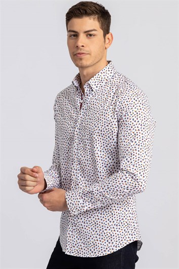Süper Slim Fit Uzun Kollu Düğmeli Yaka Pamuklu Likralı Desenli Spor Erkek Gömlek