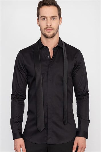 Süper Slim Fit Uzun Kollu Extra Likralı Erkek Siyah Gömlek