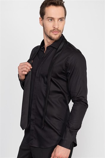 Süper Slim Fit Uzun Kollu Extra Likralı Erkek Siyah Gömlek