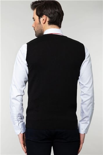 Erkek Slim Fit V Yaka Kendinden Desenli Siyah Süveter