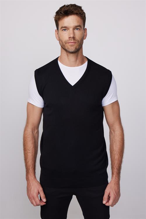 Erkek Slim Fit Dar Kesim V Yaka Kendinden Desenli Siyah Süveter