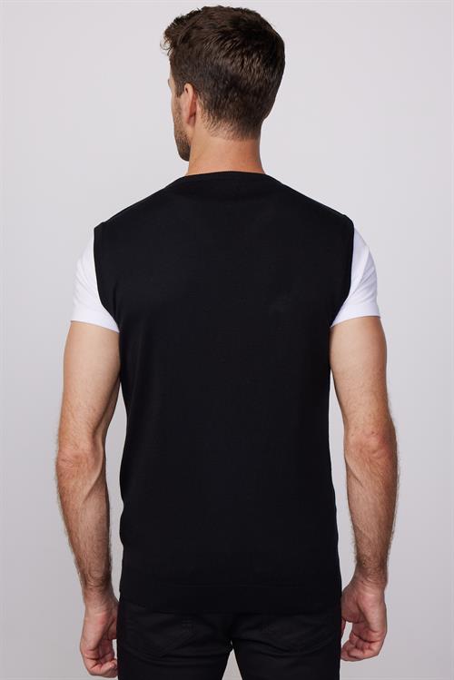 Erkek Slim Fit Dar Kesim V Yaka Kendinden Desenli Siyah Süveter