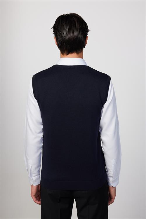 Slim Fit Dar Kesim V Yaka Kendinden Desenli Lacivert Erkek Süveter