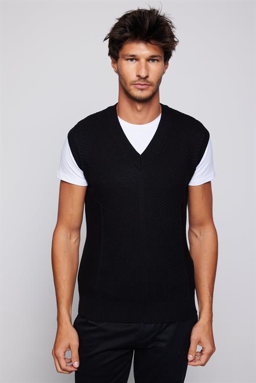 Erkek Slim Fit V Yaka Kendinden Desenli Siyah Süveter
