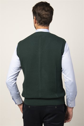 Erkek Slim Fit V Yaka Kendinden Desenli Yeşil Süveter