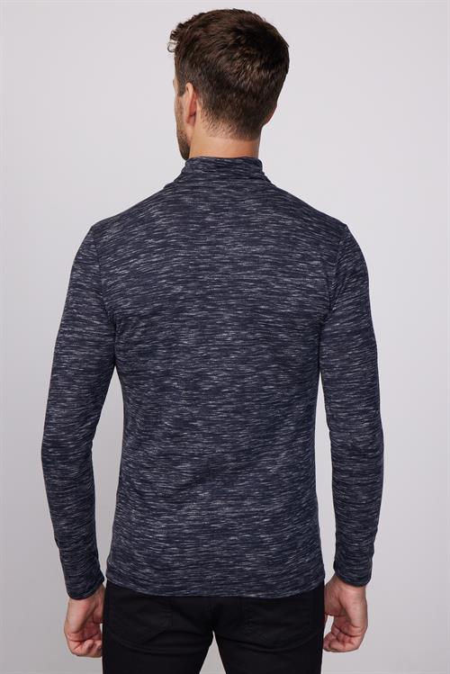Erkek Slim Fit Dar Kesim Desenli İnce Lacivert Tam Balıkçı Yaka Sweatshirt