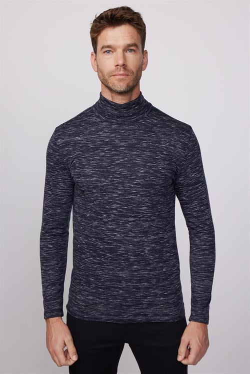 Erkek Slim Fit Dar Kesim Desenli İnce Lacivert Tam Balıkçı Yaka Sweatshirt