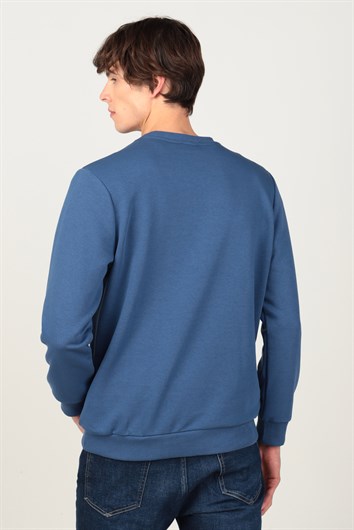 Unisex Relax Fit Rahat Kesim Pamuklu 3 İplik İçi Polarlı Basic İndigo Bisiklet Yaka Sweatshirt