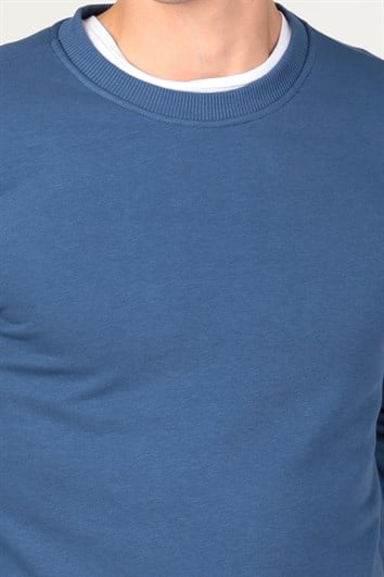 Unisex Relax Fit Rahat Kesim Pamuklu 3 İplik İçi Polarlı Basic İndigo Bisiklet Yaka Sweatshirt