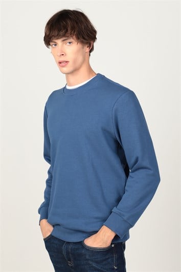 Unisex Relax Fit Rahat Kesim Pamuklu 3 İplik İçi Polarlı Basic İndigo Bisiklet Yaka Sweatshirt