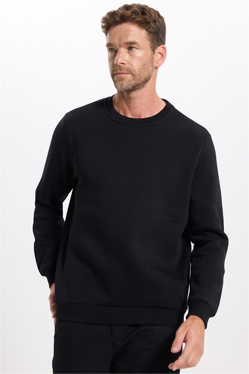 Unisex Relax Fit Rahat Kesim Pamuklu 3 İplik İçi Polarlı Basic Siyah Bisiklet Yaka Sweatshirt