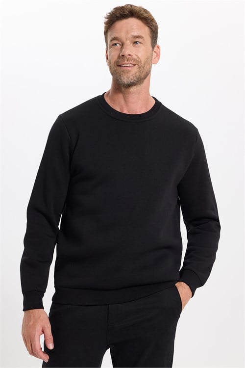 Unisex Relax Fit Rahat Kesim Pamuklu 3 İplik İçi Polarlı Basic Siyah Bisiklet Yaka Sweatshirt