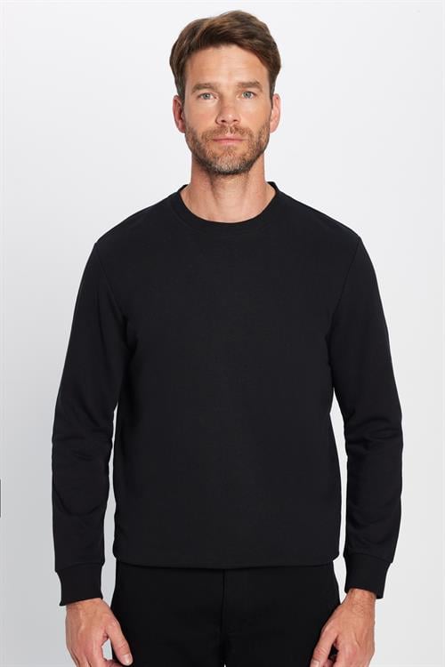 Unisex Relax Fit Rahat Kesim Pamuklu 3 İplik İçi Polarlı Basic Siyah Bisiklet Yaka Sweatshirt