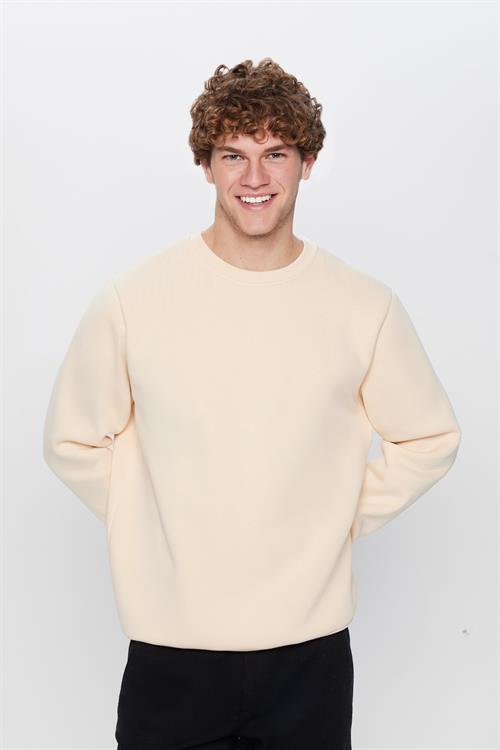 Unisex Relax Fit Rahat Kesim Pamuklu 3 İplik İçi Polarlı Bej Renk Bisiklet Yaka Sweatshirt