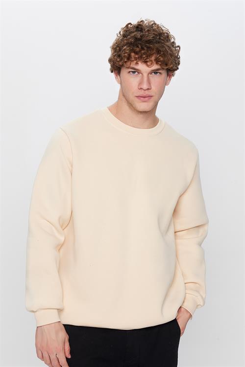 Unisex Relax Fit Rahat Kesim Pamuklu 3 İplik İçi Polarlı Bej Renk Bisiklet Yaka Sweatshirt